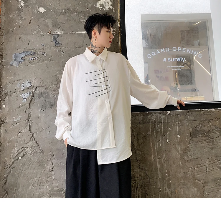Men Long Sleeve Embroidery Irregular Casual Black White Shirt Male Streetwear Hip Hop Gothic Japan Dress Shirt