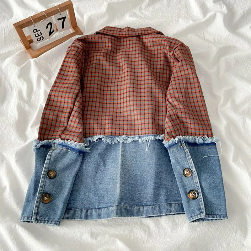 Винтажные шикарные клетчатые женские джинсовые куртки в стиле пэчворк на весну и