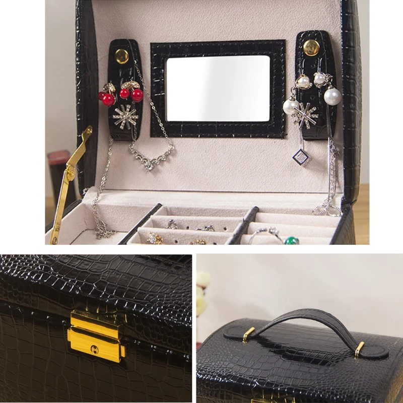 

Lockable Jewelry Box Necklace Ring Storage Organizer Synthetic Leather Large Jewel Cabinet Gift Case Jewelry Display