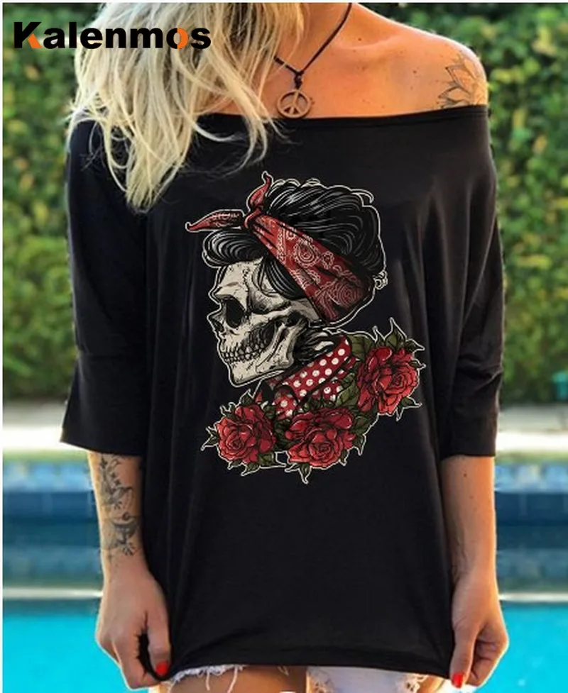 Женская футболка с вырезом лодочкой принтом черепа или розы|Футболки| |