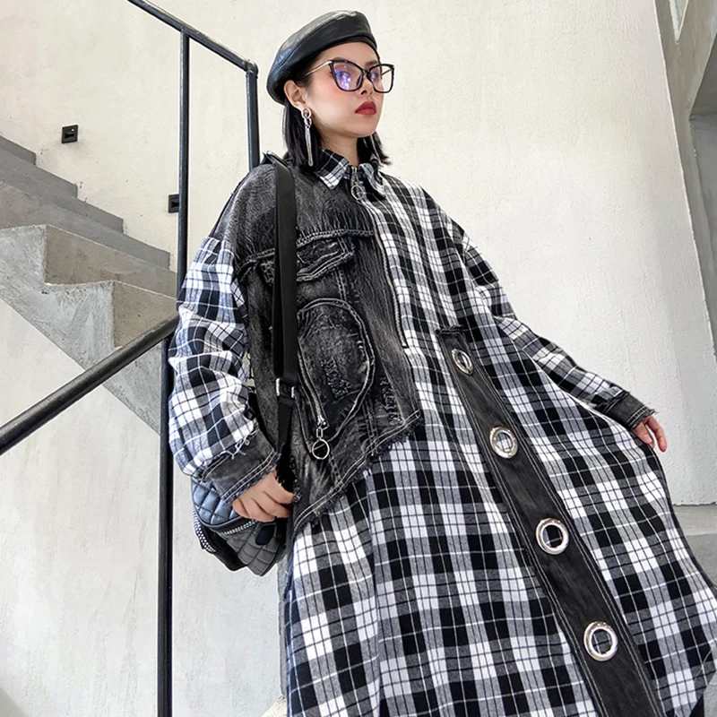 

[EAM] Women Black Plaid Denim Irregular Oversized Dress New Lapel Long Sleeve Loose Fit Fashion Tide Spring Autumn 2021 1DE1072