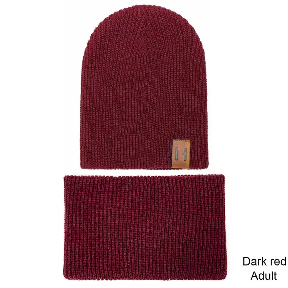 dark red Adult Модная женская шапка и шарф для детей, вязаная зимняя шапка, шарф для детей, колпачок, девочка-мальчик, одноцветные шапки с логотипом - Цвет: dark red Adult