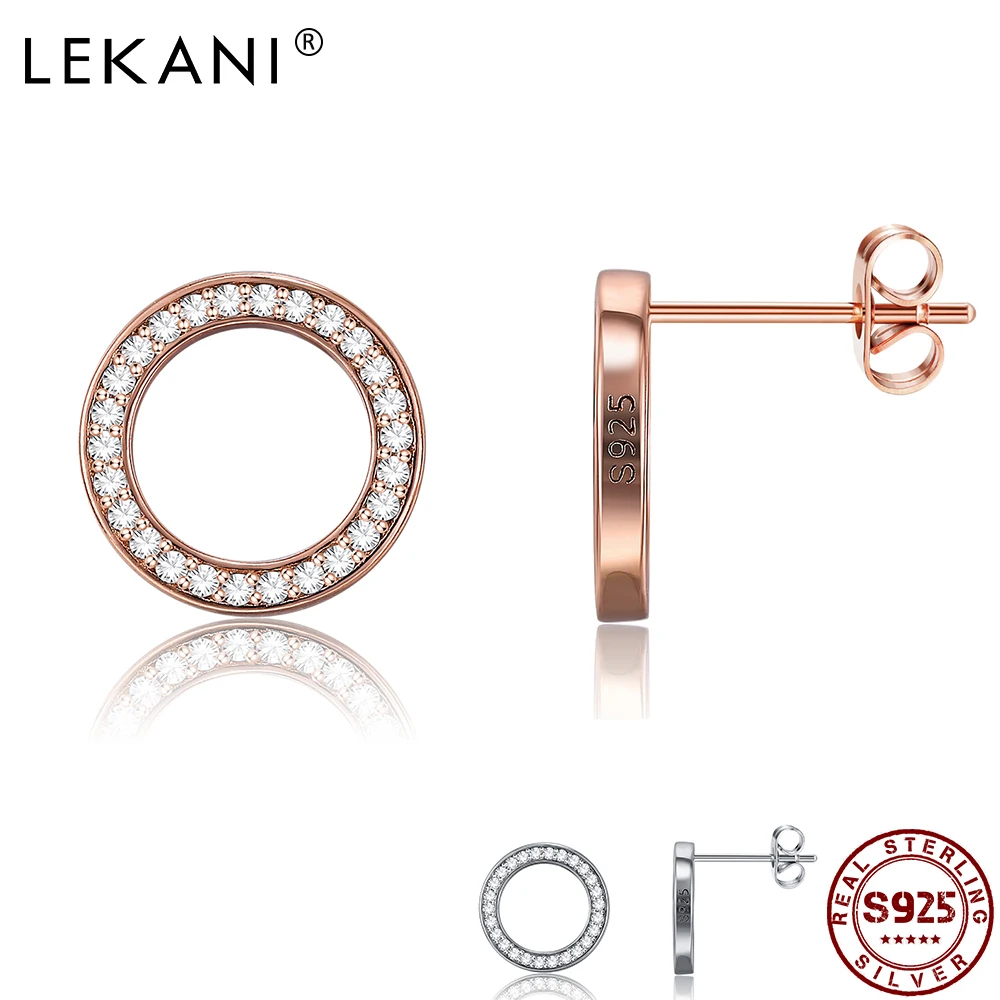 

LEKANI Real 925 Silver Round Stud Earrings For Women Clear Simple Cubic Zircon Earring Girl Festival Gift New Arrival Recommend