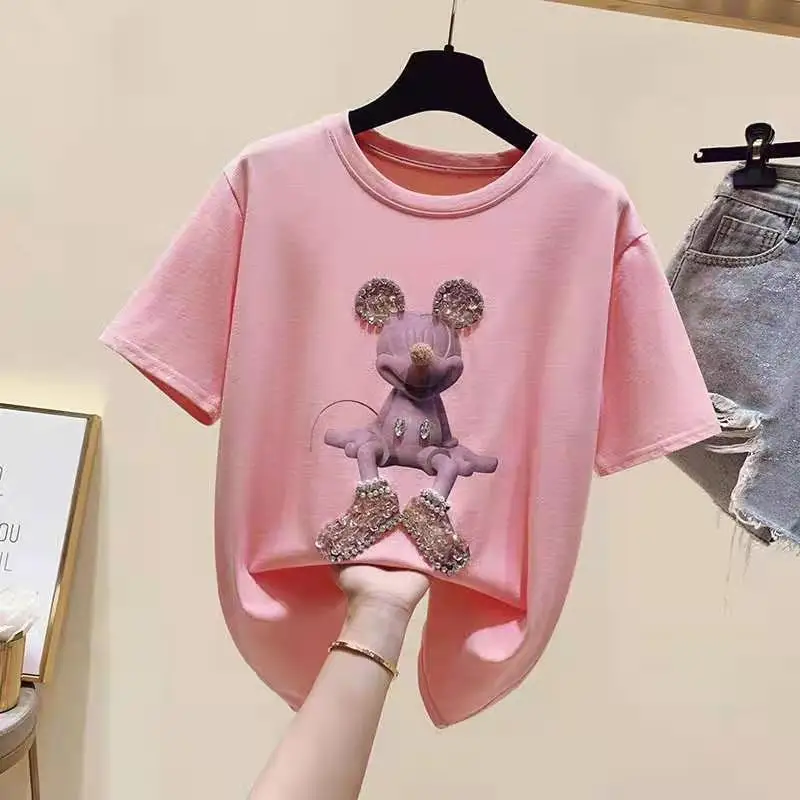 

Summer 2021 new heavy-lift diamond Mickey short-sleeved t-shirt women loose-fitting design feel half-sleeved top ins tide