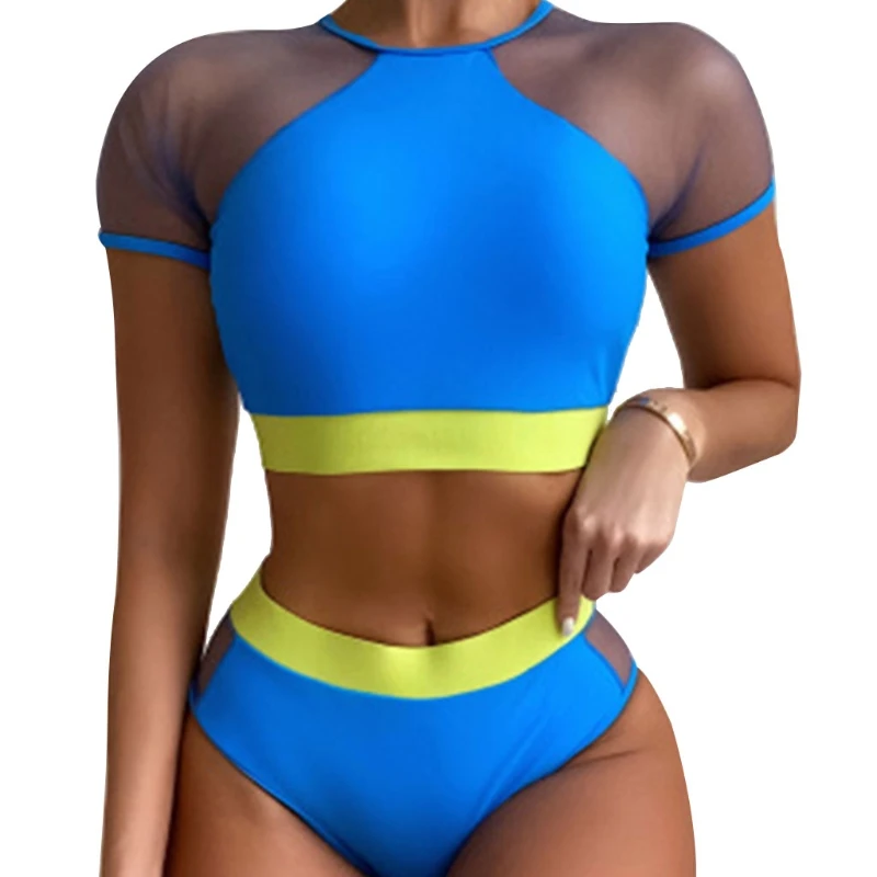 

Женский раздельный купальник-бикини с контрастной сеткой и коротким рукавом