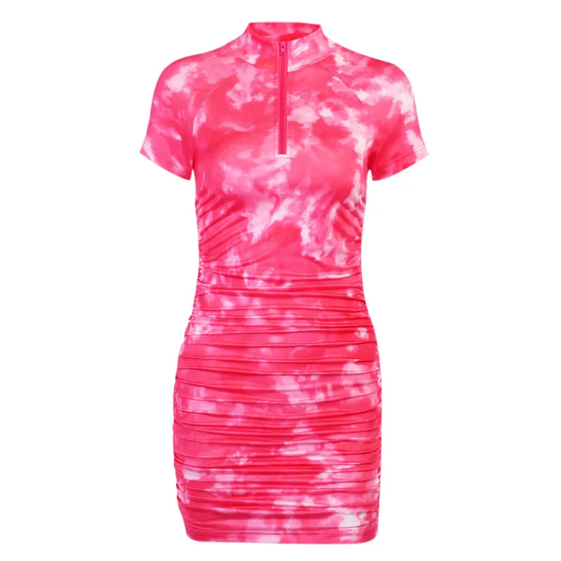 

Women's Summer Slim Sexy Dress Tie-Dye Printed Zipper Skirt Ladies Bag Hip Casual Pleated Mini Skirt