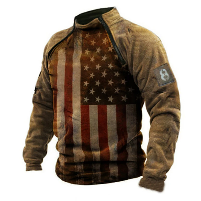 

2021 Spring Retro America Flag 3D Print Men's Hoodies Casual Stand Collar Zipper Sweatshirt Fashion Solid Color Loose Outwear