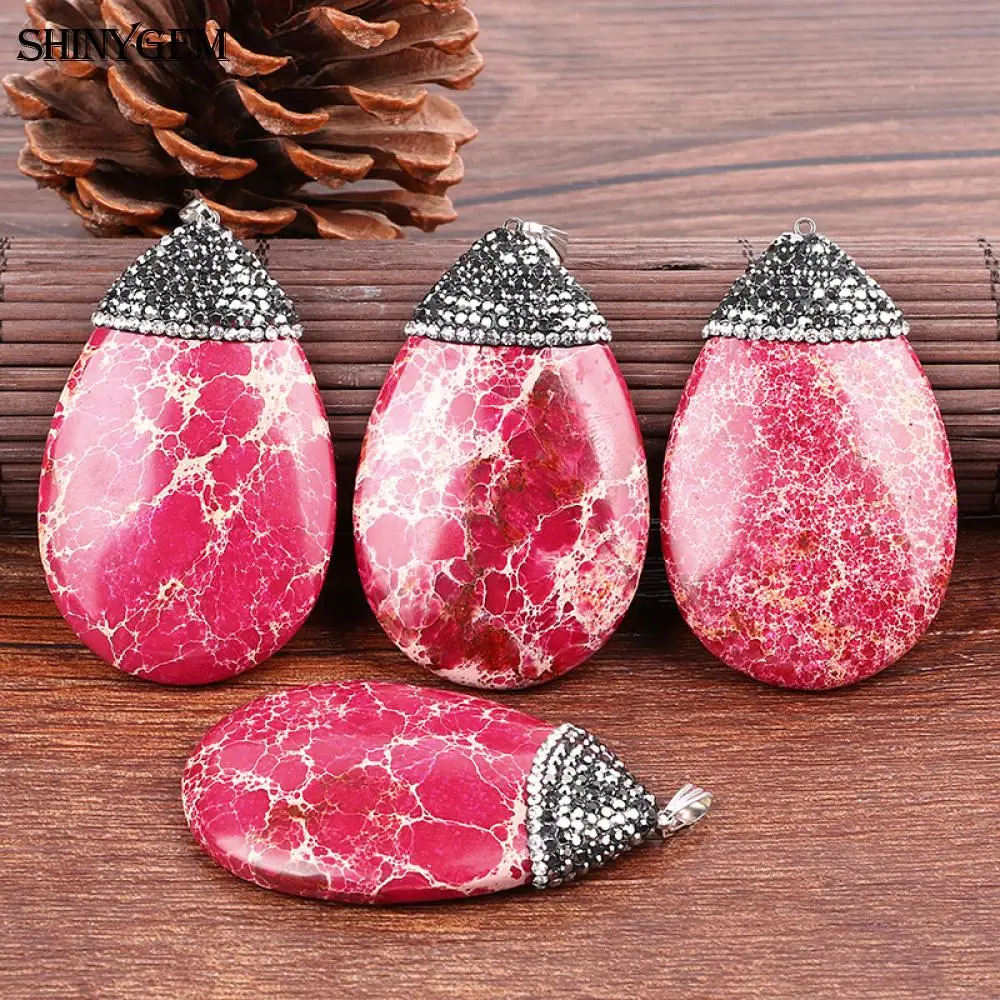 

ShinyGem 5Pcs Natural Big Water Drop Sea Sediment Jaspers Stone Pendant Inlay Zircon Charm Texture Necklaces DIY Jewelry Making