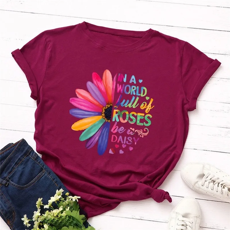 

Colorful Sunflower Rose Letter Print T Shirt Women Short Sleeve O Neck Loose Tshirt Summer Women Tee Shirt Tops Camisetas Mujer