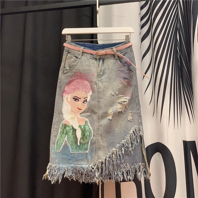 Beautiful Girl Sequin Denim Skirts Women Frayed Ripped Tassel High Quality Mid Long Jeans Skirt Female 2020 Summer Streetwear | Женская