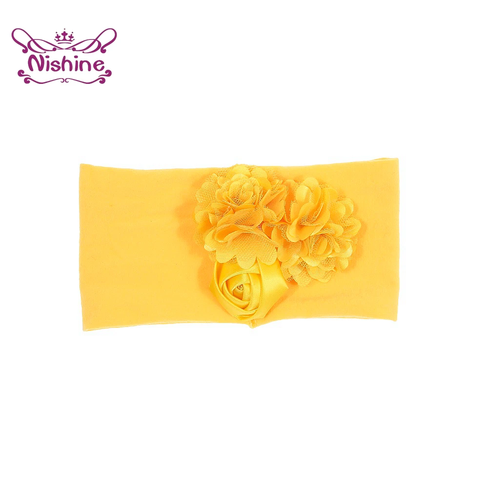 

Nishine Soft Stretch Satin Rose Flower Baby Headband Newborn Knot Wide Nylon Headwraps Turban Girls Headwear Kids Photo Props
