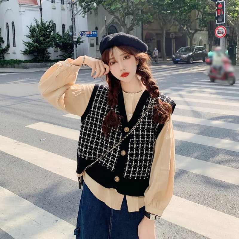 Свитер жилет Женский винтажный клетчатый мягкий Повседневный Модный женский