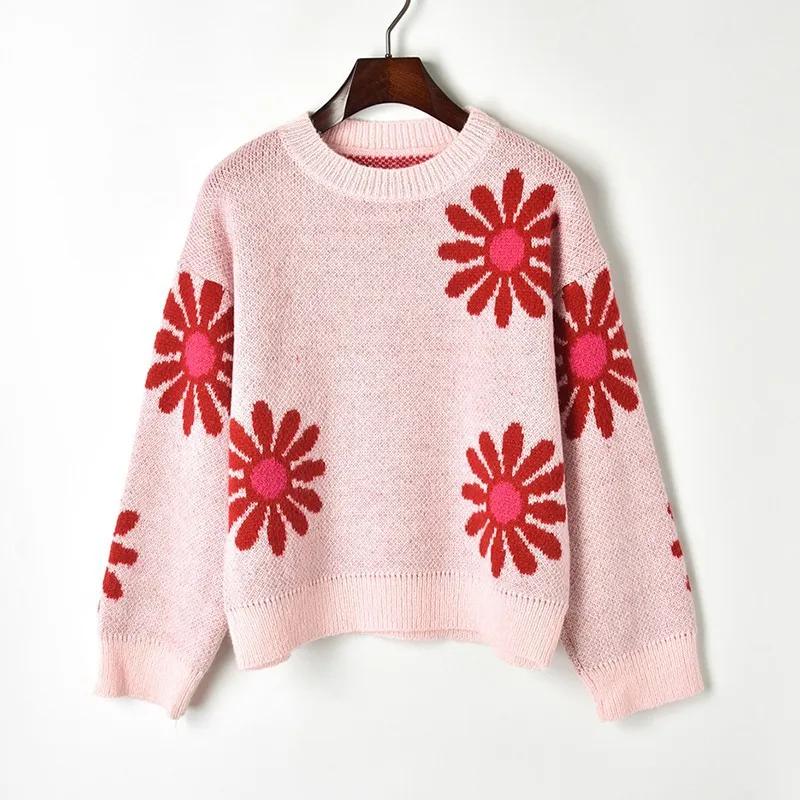 Женский осенний свитер с круглым вырезом и длинными рукавами контрастный