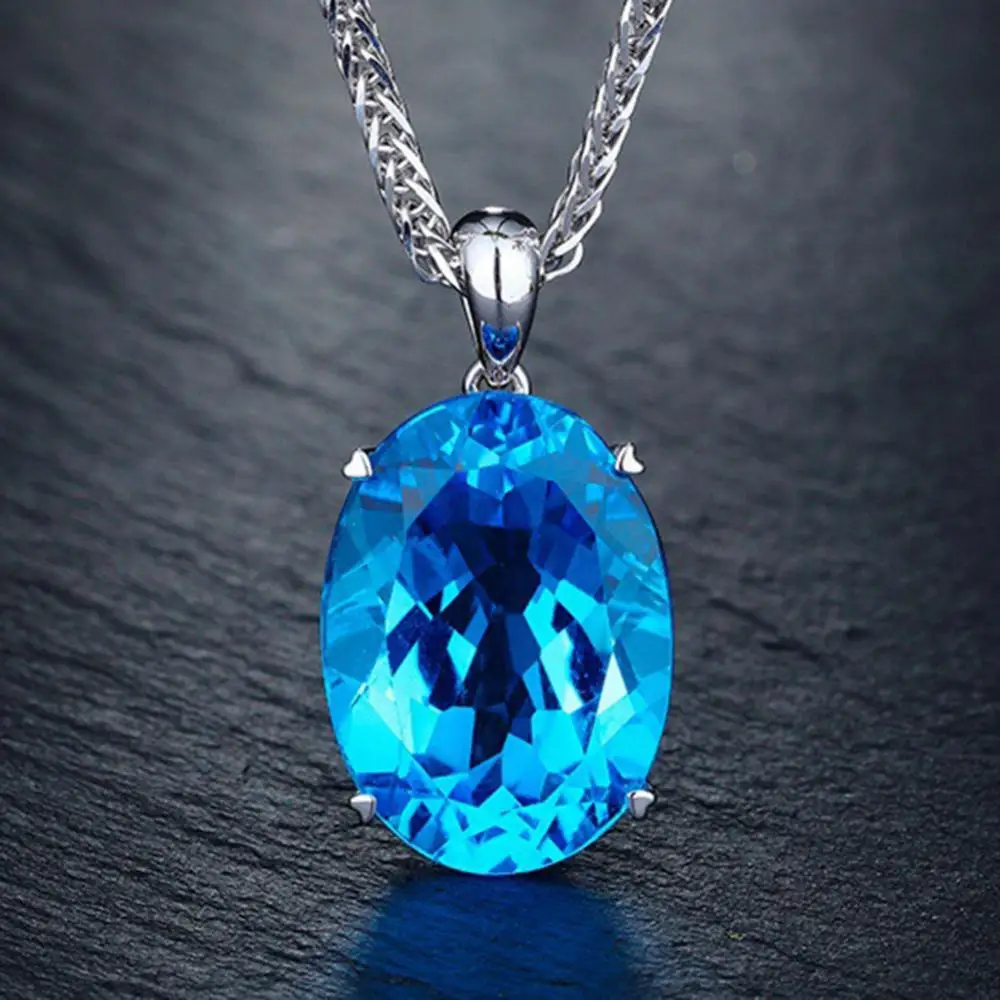 

70% Hot Sell Simple Elegant Women Single Big Blue Rhinestone Pendant Necklace Chain Jewelry