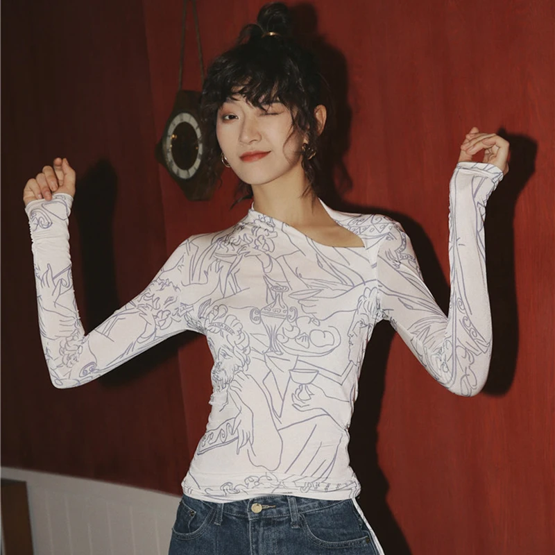 

SISPELL Print Hit Color T Shirt For Femlae Asymmetrical Neck Long Sleeve Loose Women's Casual T Shirt Fashion Streetwear Tide