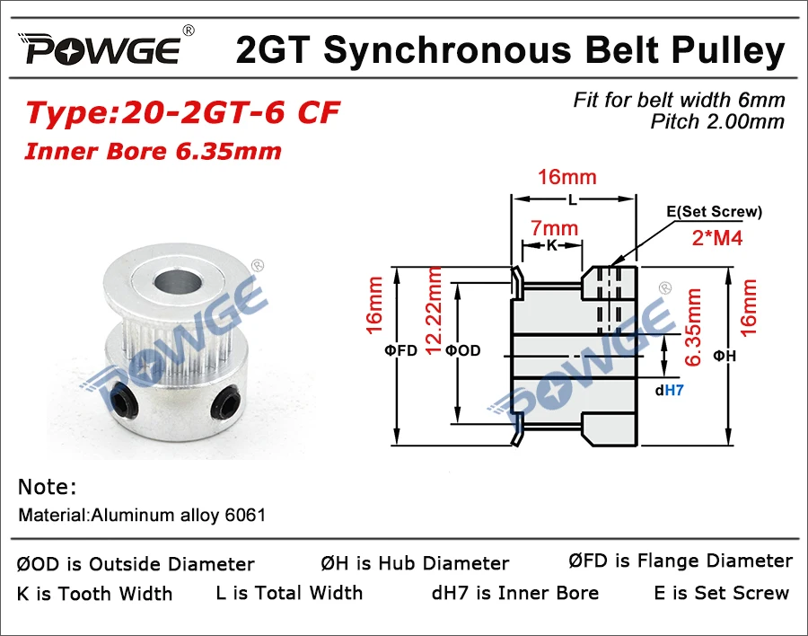 Синхронный ролик POWGE 2M диаметр отверстия 6 35 мм для ширины 20 T зубцов|synchronous pulley|gt2