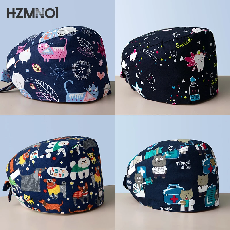 

Printed Multicolor Cotton Doctor Surgery Cap Cute Nurse Pet Hospital Beauty Salon Scrub Cap Adjustable Unisex Gourd Cap