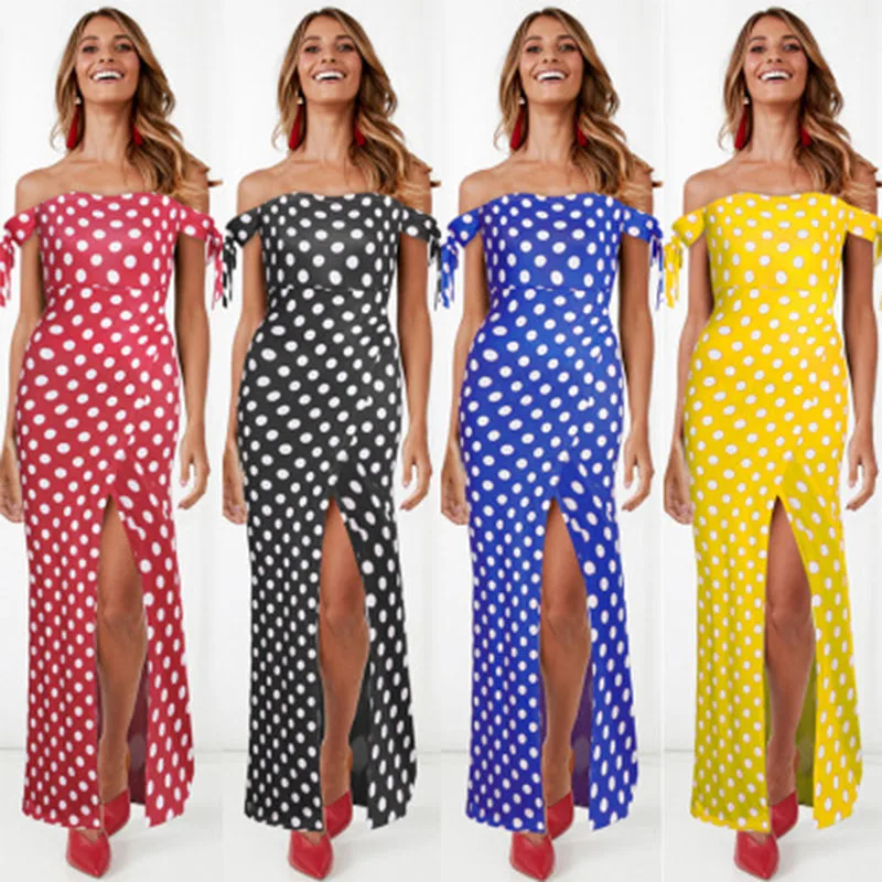 

2021 Summer New Fashion Polka Dot Printed Printed One-Piece Neck Dress Women's Beach Bohemia Style Sexy Split Long Skirt Dress
