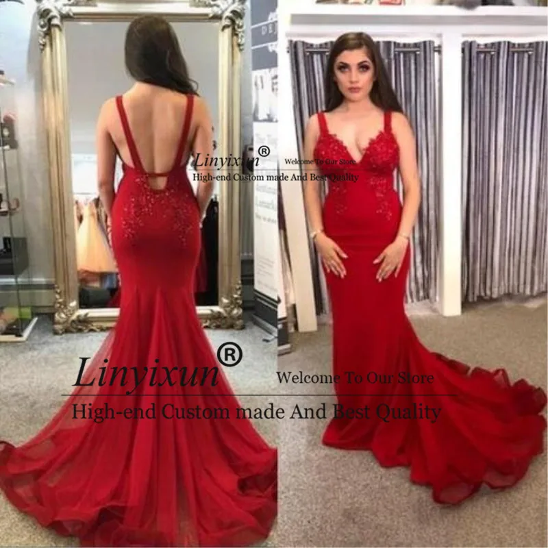 

New Beauty Tulle Red Sexy V Neck Long Formal Prom Dresses Mermaid Evening Gowns Backless Appliques Floor Length Prom Dress