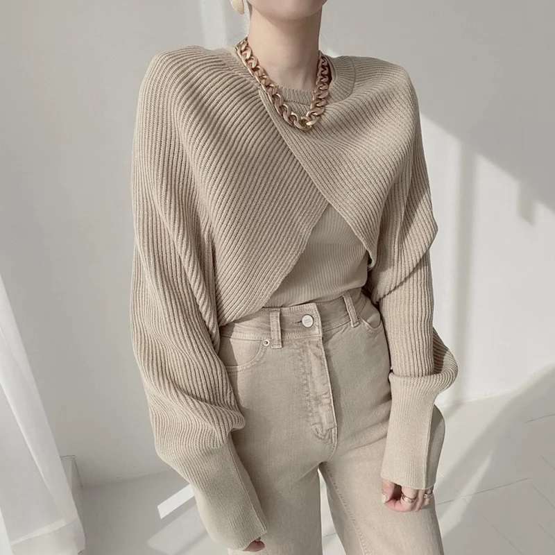 

Autumn Cropped Sweater Women Korean Chic All-match Big Turn-down Collar Pullover Fashion Irregular Split Knitted Smock U724