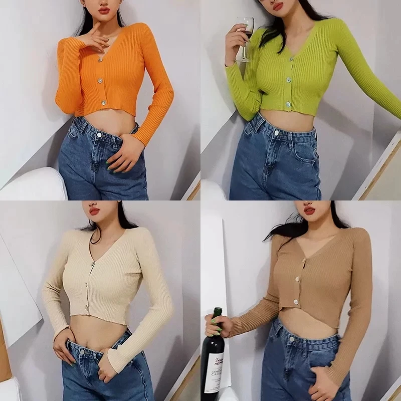 Женский укороченный кардиган с глубоким v-образным вырезом трикотажный свитер