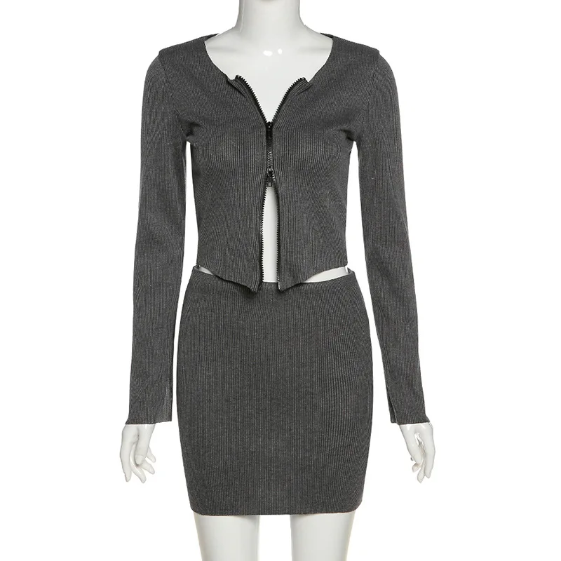 

two piece set sexy zipper crop top women mini high waist skirt long sleeve cardigan bodycon casual ladies sets autumn winter