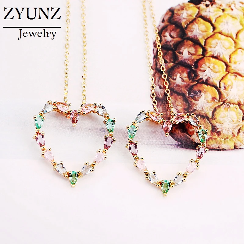 

4PCS, Women's gold cz pendant necklace rainbow crystal zircon heart pendant chain necklace jewelry