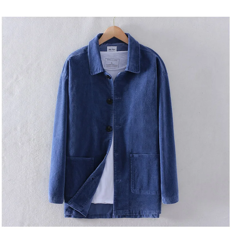 Schinteon Men Corduary Loose Jacket Autumn Mid-Length Outwear Casual Turn-down Collar Top Fashion High Quality New