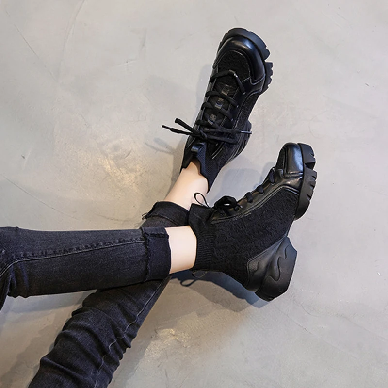 

Chunky Sneakers Women Genuine Leather Mesh Mixed Colors Cross-Tied Fashion Platform Lady Casual Shoes Handmade