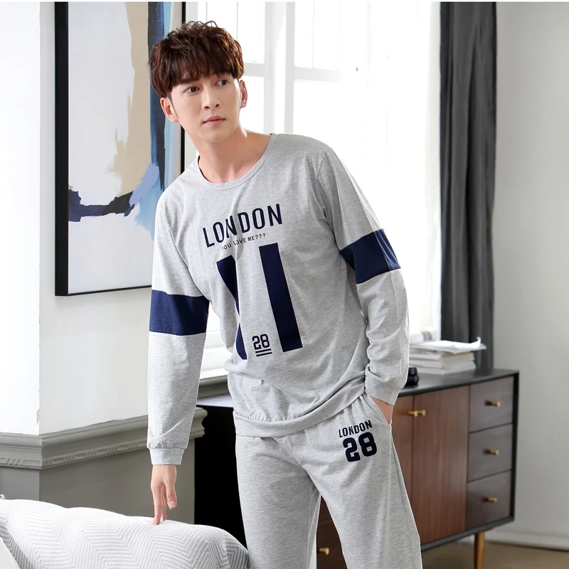 

Men's long sleeve cotton pajamas, informal striped casual wear with crew neck, autumn and winter,