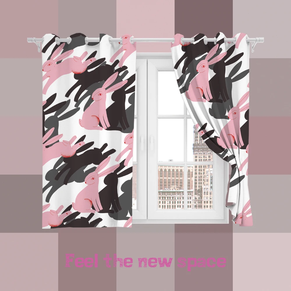 

Perforated Hook 3D Blackout Curtains Girl Pink Rabbit Doll Custom Full Blackout Sunscreen Windows Bedroom Living Room Decoration
