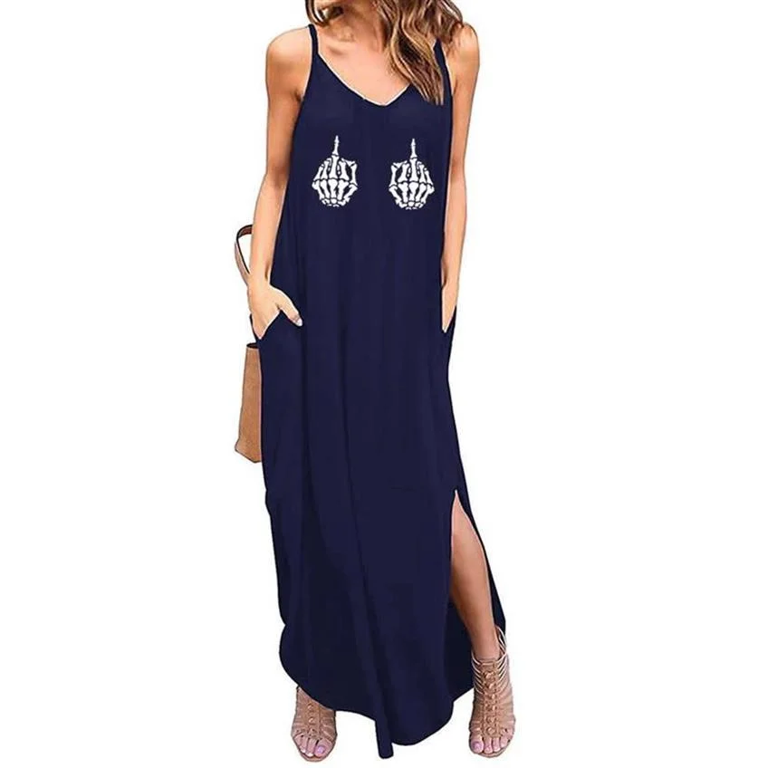 

Skeleton Hand Sundress Women's Dresses Za 2021 Y2k Maxi Dress Sleeveless Sling Slit Loose Beach Blouse Long Skirt With Pocket