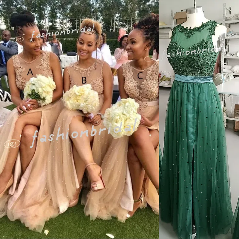

Champagne Tulle Bridesmaid Dresses With Pearls Beads Appliques A Line Side Split Wedding Party Dress Note Style A B C When Order
