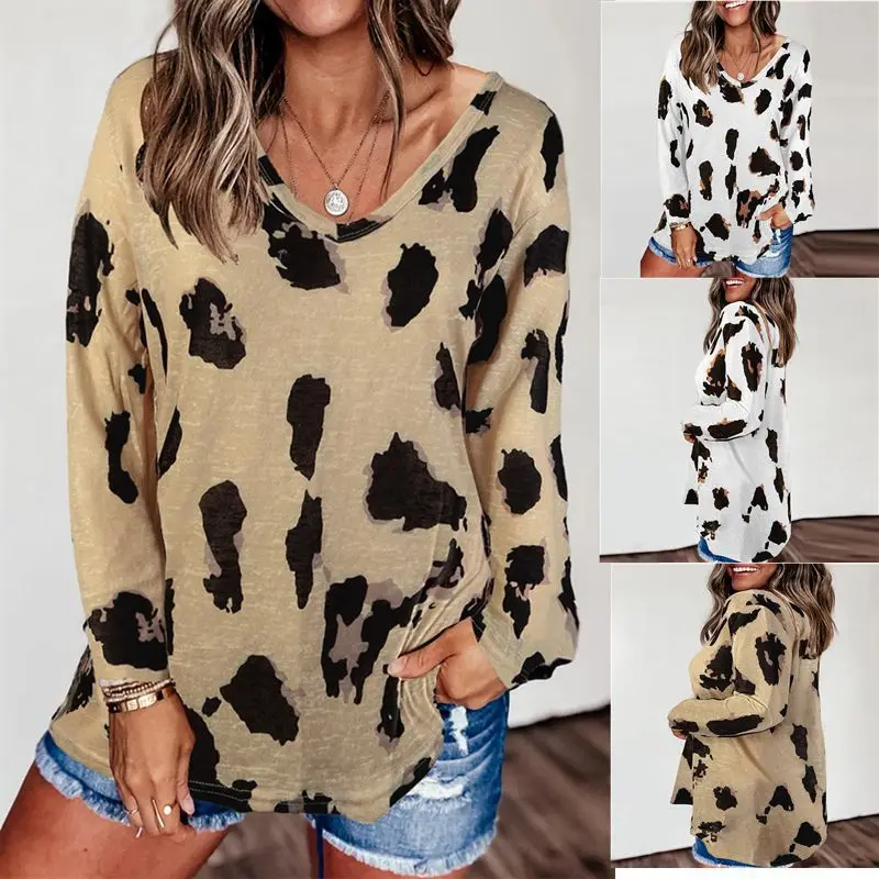 

Women Casual Pullover T-Shirt Harajuku Leopard Print Vintage t Shirt Loose V-Neck Tee Shirt Spring Long-Sleeved Fashion Tops