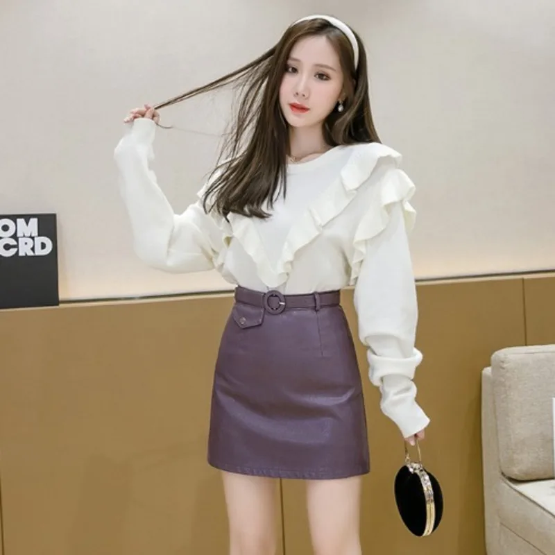 

Small Leather Skirt Women 2021 New Spring A-line High Waist Fashion Skirt Pu Leather Skirt With Belt Solid Mini Skirt