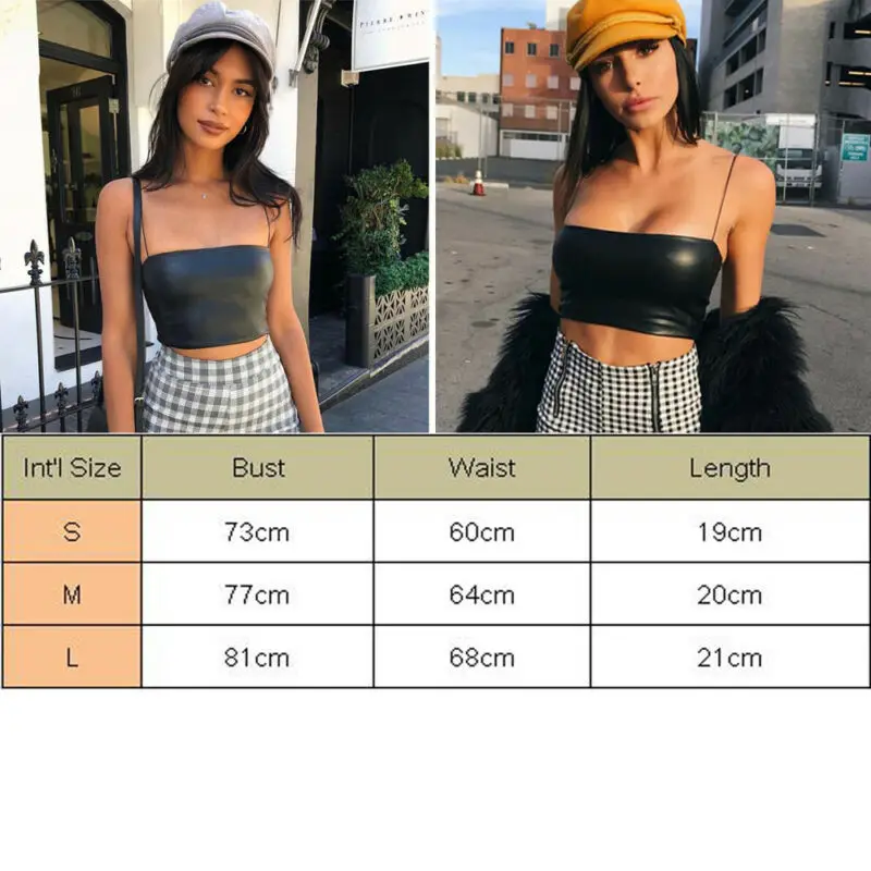 Женский кожаный топ без рукавов летний топ-бандо на бретелях короткий с