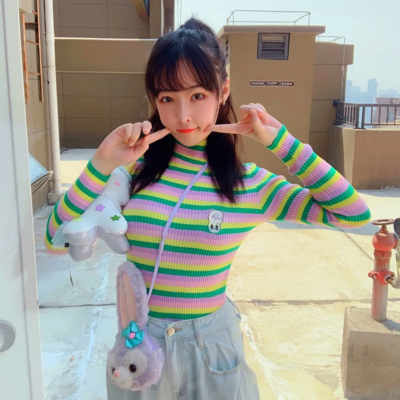 Женский полосатый свитер Харадзюку женский свободный студенческий с вышивкой