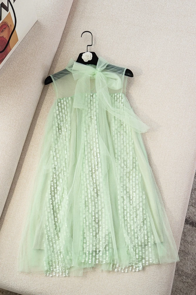 

2021 Summer Sweet Sleeveless Bow Girls Mesh Dress Cute Fresh Dots Stitching Loose Mini Dress Women Party Vestidos Kawaii Clothes