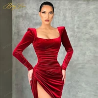 red velvet evening dress long sleeve prom dress formal evening gowns pleated christmas court train party dress celebrity dress