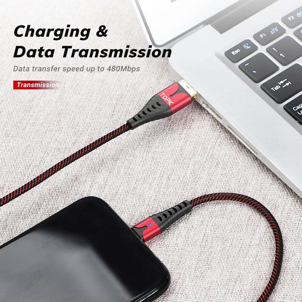Кабель Micro USB TOPK со светодиодной подсветкой для быстрой зарядки Xiaomi Redmi Note 5 Pro