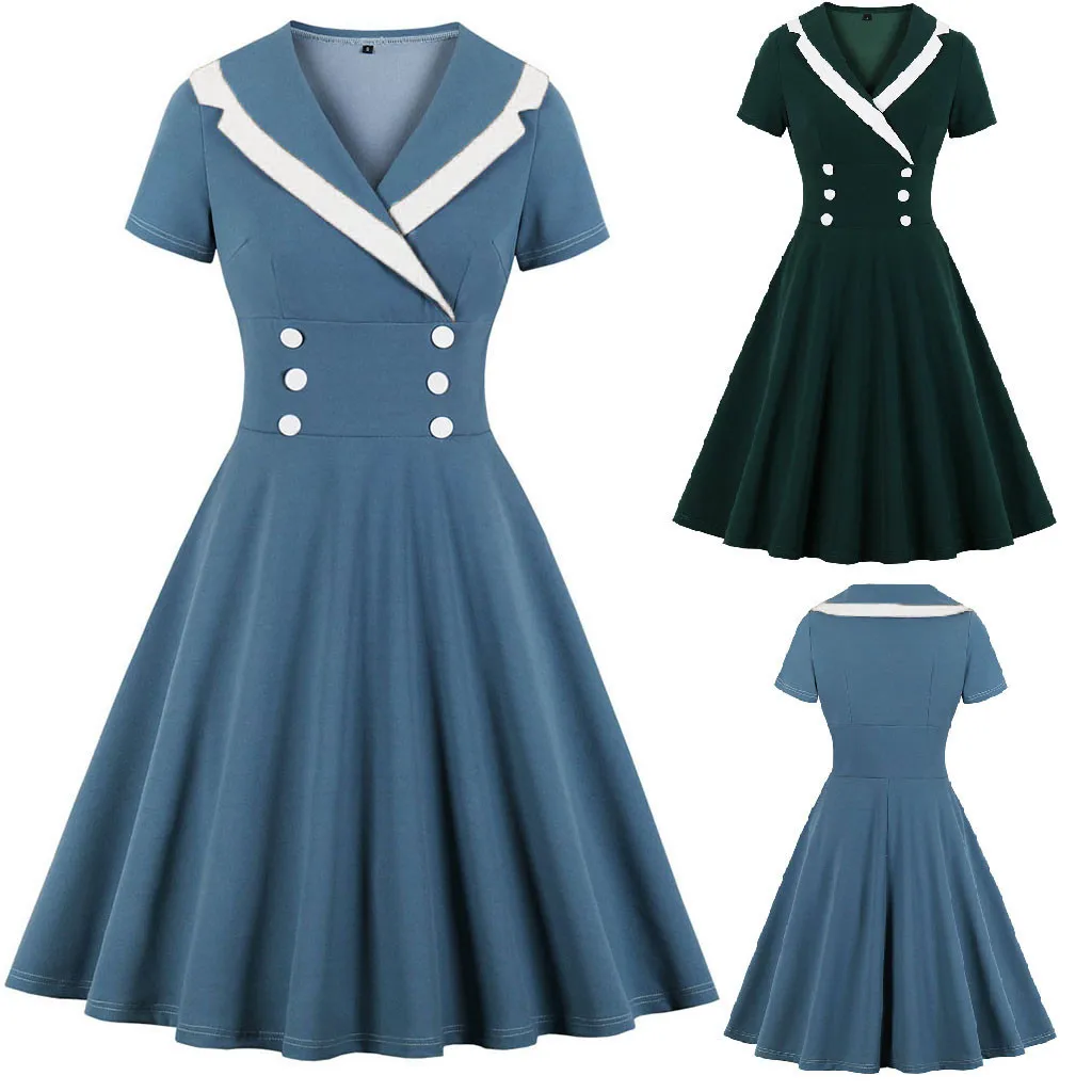 Vintage Preppy Style Women Dress A-line Solid Mini V-Neck 2020 Autumn Short Sleeve High Waist with Buttons #33 | Женская одежда