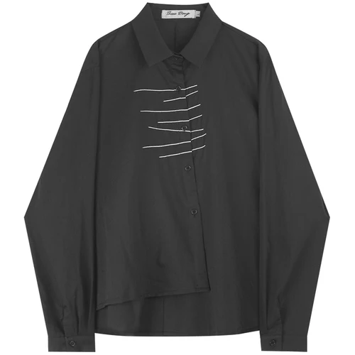 Men Long Sleeve Embroidery Irregular Casual Black White Shirt Male Streetwear Hip Hop Gothic Japan Dress Shirt - Цвет: C1710 black