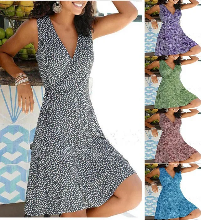 

2021 Summer Polka Dot Dress Women's Beach Boho Style Sexy Elegant Tight Dress Sleeveless Midi Skirt Party