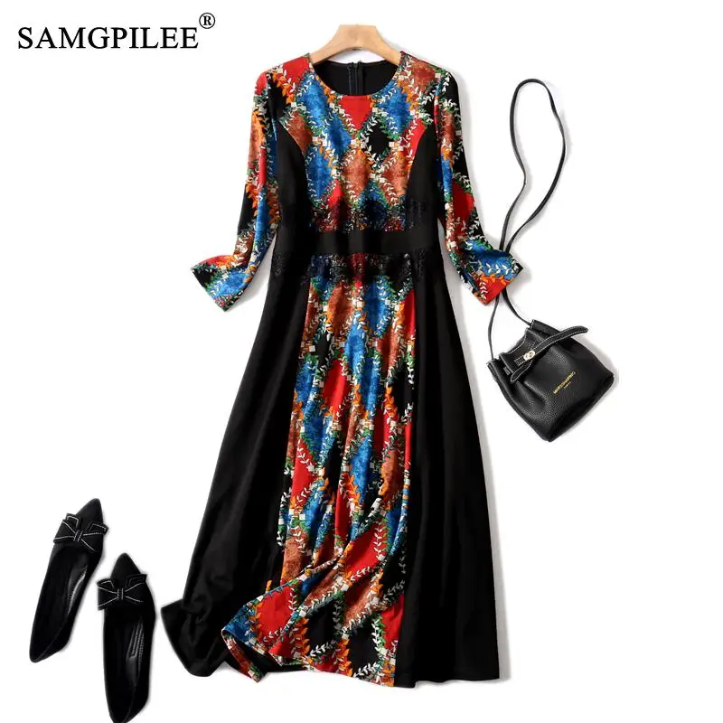 

Dress Korean Style Plus Size Woman 2021 Office Lady A-line Print Wrist Sleeve Lace Empire O-neck Winter Dresses Women 4XL
