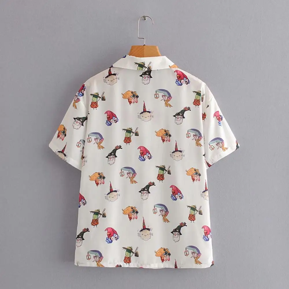 

Vintage Notched Collar Cartoon Print Kimono Shirt Casual Short Sleeve Pajamas Style Loose Blouse Tops 2020 Women Femme Blusas