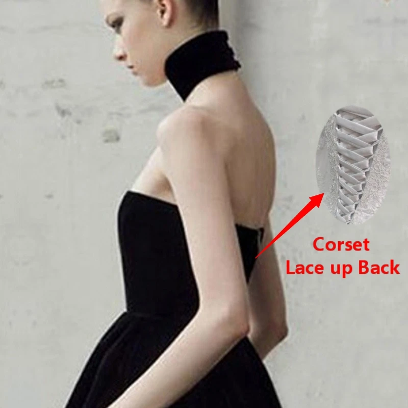 Черное вечернее платье без бретелек Короткое красивое бархатное трапециевидной