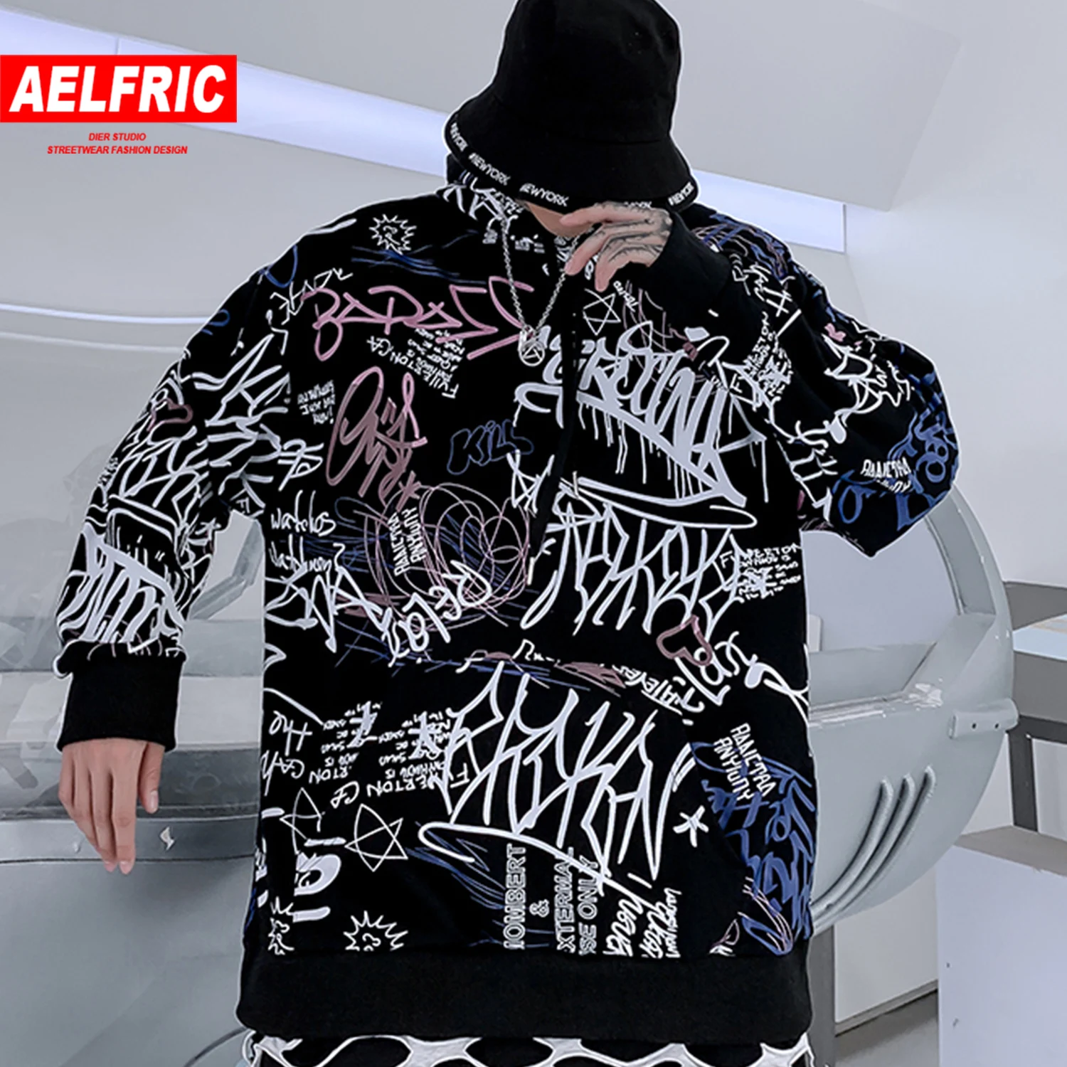 AELFRIC Мода Хип-хоп граффити мужские толстовки с капюшоном Harajuku толстовки мужские повседневные хлопковые пуловеры большого размера уличная одежда