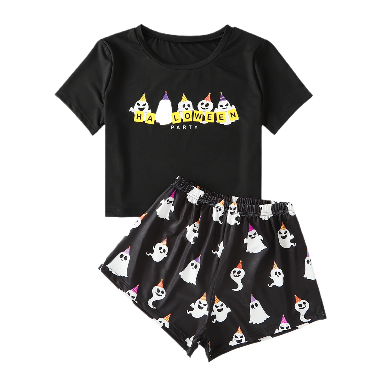 

Womens 2 Piece Outfits, Cute Halloween Cartoon Ghost Print Short Sleeve T-Shirt + Shorts Set