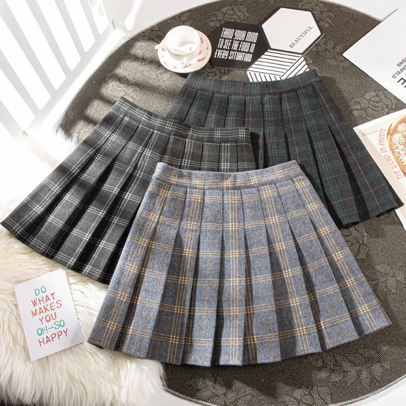 

Осенне-зимняя шерстяная Новая эластичная клетчатая юбка с высокой талией, маленькие облегающие трапециевидные юбки, Женская плиссированна...