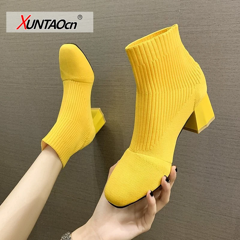 

Women Sock Boots Knit Fabric Med Heel Pointed Toe Pumps Boot Short Ankle Length Female Fashion Stretch Bottine